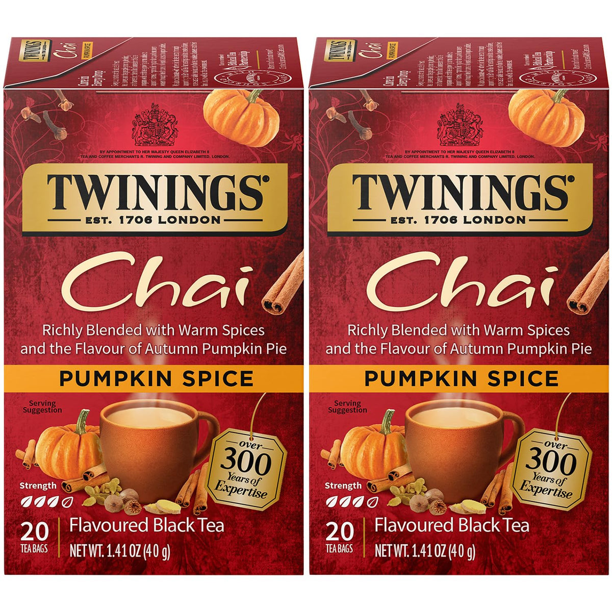 Twinings Pumpkin Spice Chai Black Tea 2-Pack, 20 Count Ea