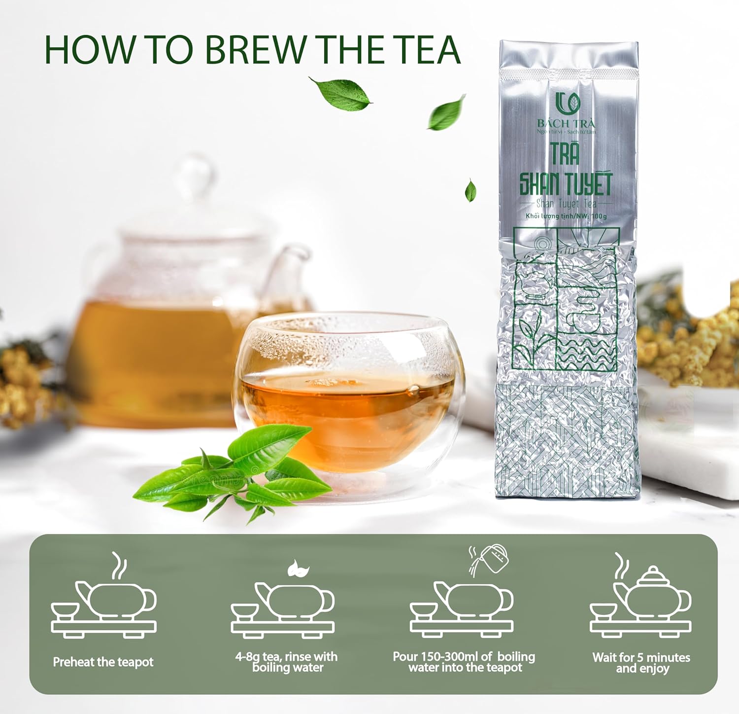 BACH TRA Snowshan White Tea Loose Leaf – 3.53 oz | Vietnamese Rare Shan Tuyet Buds | Vacuum-Sealed Fresh