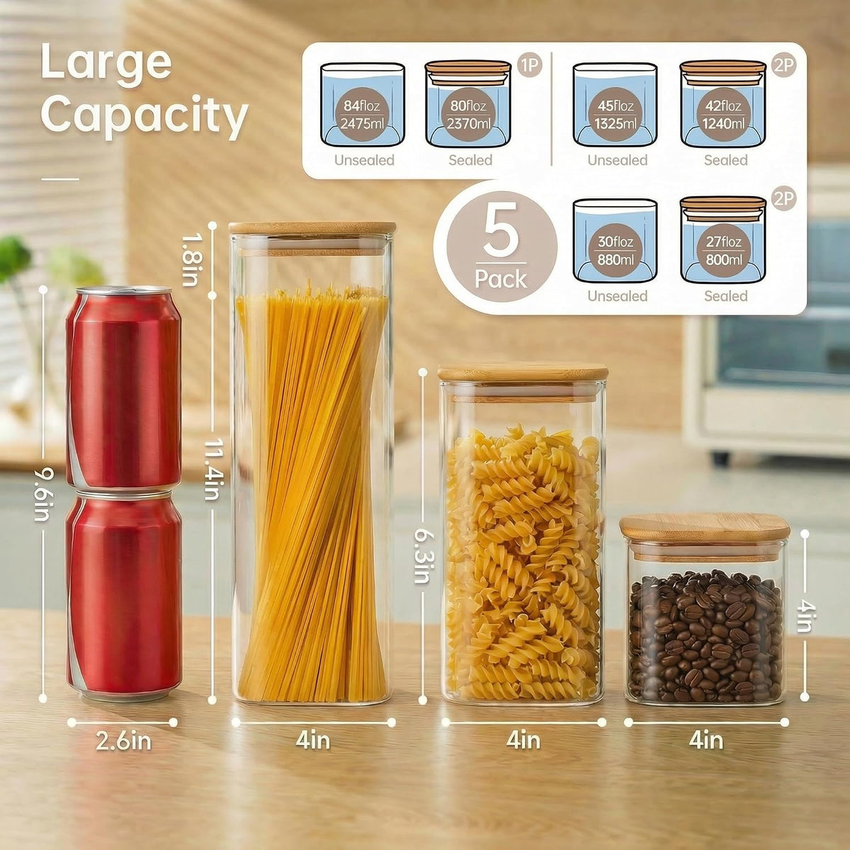 Square Glass Storage Containers with Bamboo Lids for Pasta &amp; Flour, 5 Pack