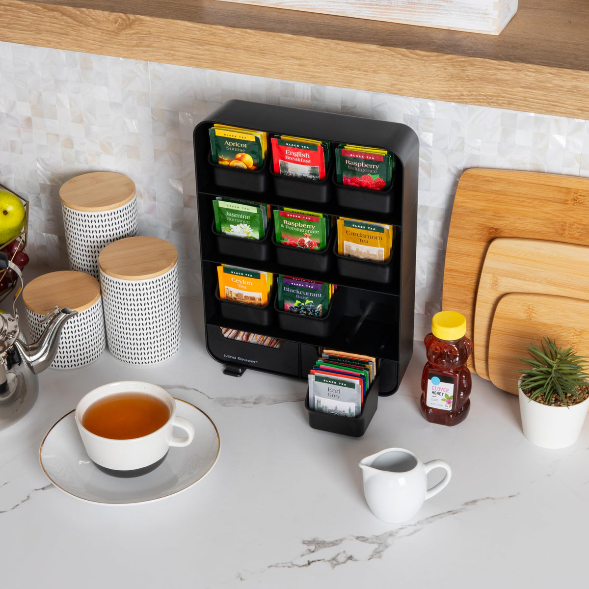 Mind Reader Tea Bag Organizer, Tea Station Organizer, Countertop Storage, Kitchen, Plastic, 10.25"L x 3.25"W x 13.75"H, Black