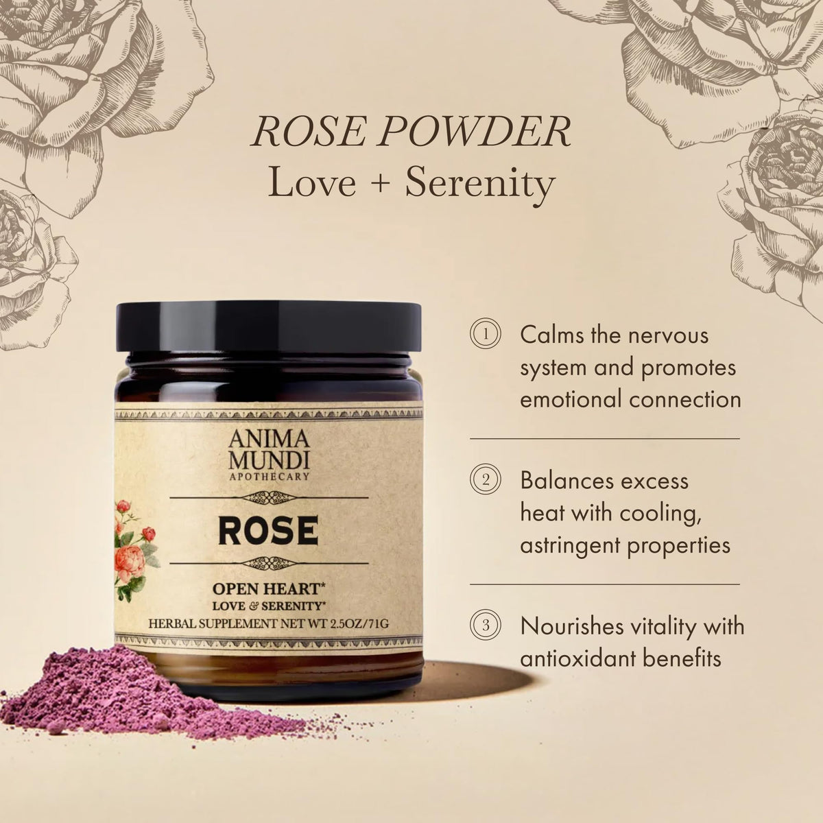 Anima Mundi Apothecary Love + Serenity Rose Petal Powder - with Edible Dried Rose Petals & Buds - for Heart Chakra - Fluffy