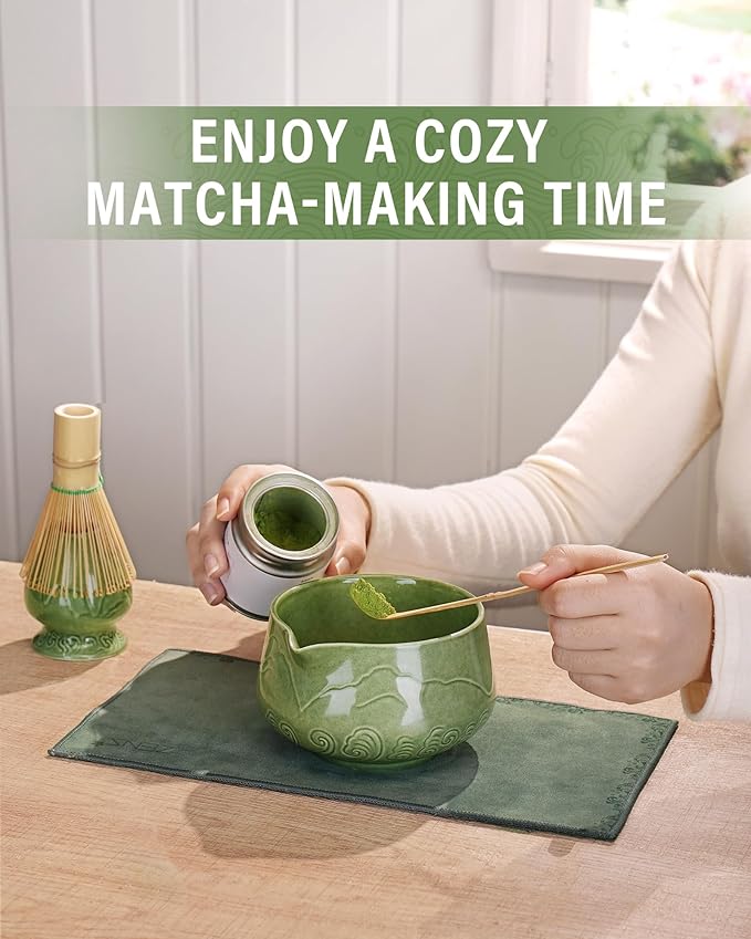 Zens Matcha Whisk Set, 15oz Ceramic Matcha Bowl with Spout and Bamboo Whisk, (Chasen Holder) Scoop & Tea Towel, 5pcs Matcha Kit for Matcha Ceremony
