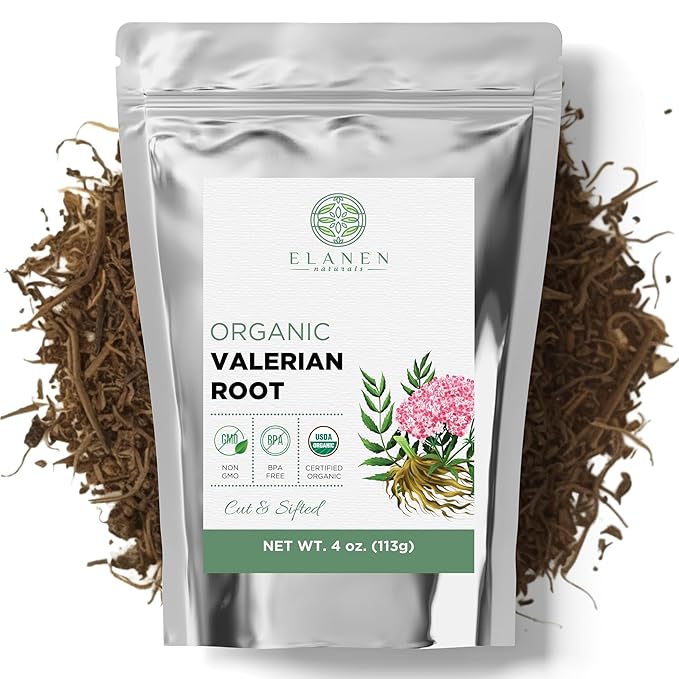 Elanen Naturals Organic Valerian Root 4 oz. (113g), USDA Certified Organic Valerian Root Herb Tea, Te De Valeriana Para Dormir, Valarian Officinalis Whole Loose Leaf, Cut & Sifted