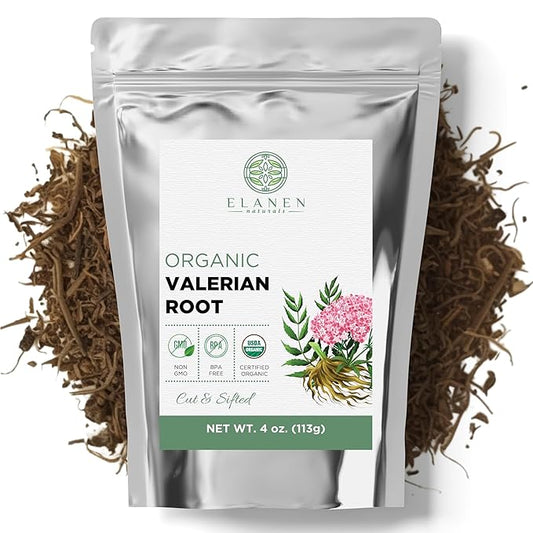 Elanen Naturals Organic Valerian Root 4oz (113g) – USDA Certified, Whole Loose Leaf, Cut & Sifted