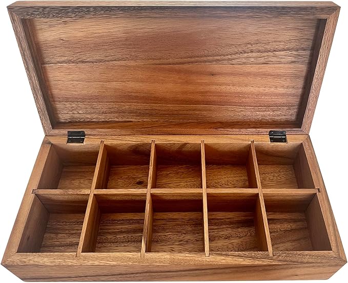 Ironwood Gourmet Acacia Wood Tea Box, XL Rectangular Tea Chest, 10 Compartment