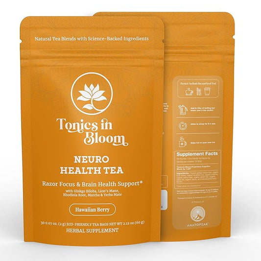 ANATOPEAK Brain Health Organic Herbal Tea - Yerba Mate, Rhodiola, Ginkgo Biloba, Lions Mane Mushroom, Green Tea and Matcha - For Brain Support and Focus - 30 Tea Bags (Hawaiian Berry Flavor)