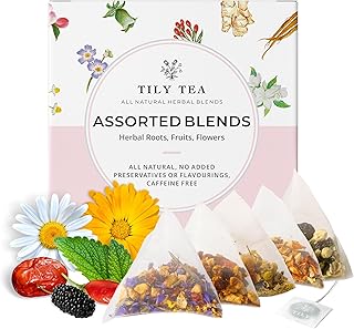 Tily Tea Assorted Herbal Tea Box - 5 Flavors of Caffeine-Free Tea - Morning Shine, Through the Day, Evening Calm, Perfect Pairing, Radiant Glow - 10 Plastic-Free Pyramid Tea Bags