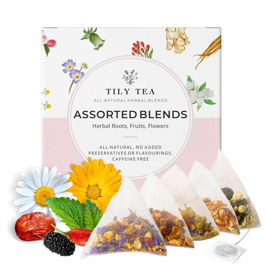 Tily Tea Assorted Herbal Tea Box - 5 Flavors of Caffeine-Free Tea - Morning Shine, Through the Day, Evening Calm, Perfect Pairing, Radiant Glow