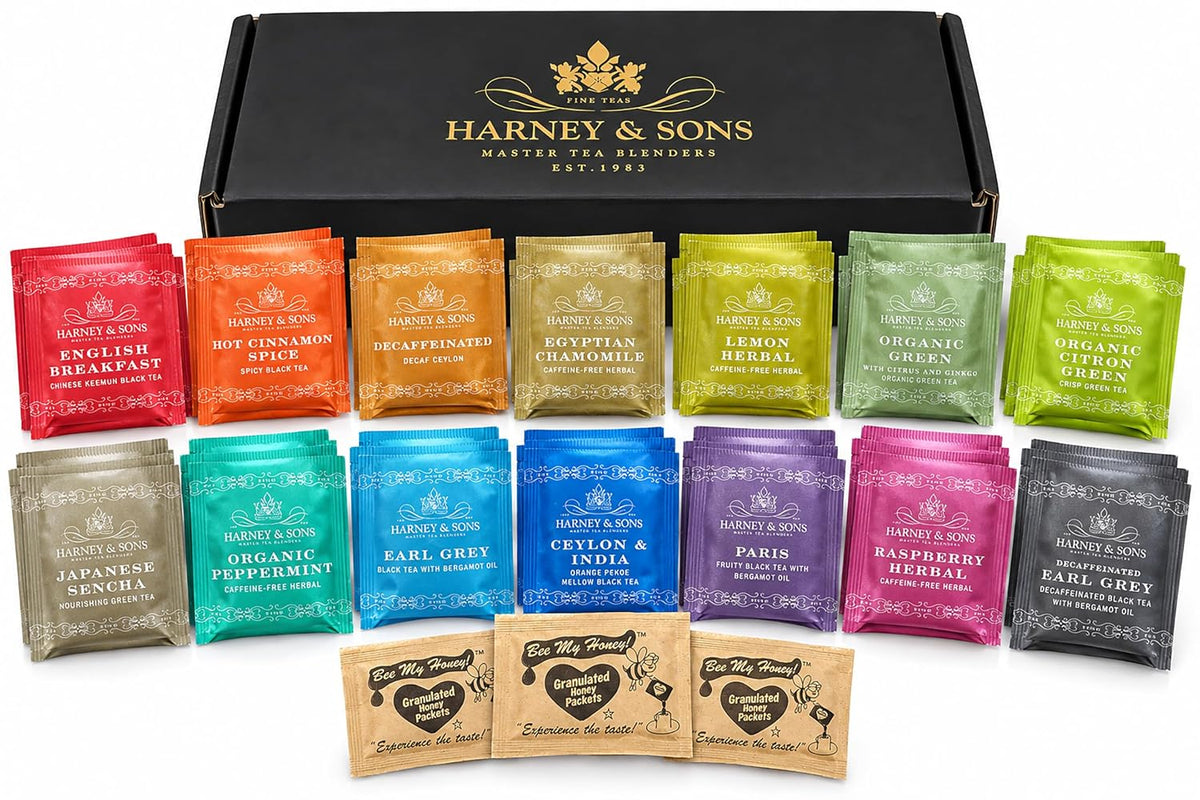 Harney & Sons Assorted Tea Bag Sampler Bundle 42 Count With Honey Crystal Packs Great for Birthday
