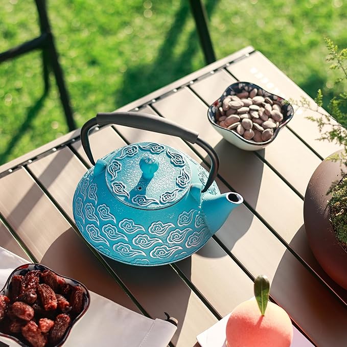 Cast Iron Teapot, Japanese Tea Pot with Infuser for Loose Leaf, Tea Kettle Stovetop Safe Coated with Enameled Interior, Clouds Pattern 27oz