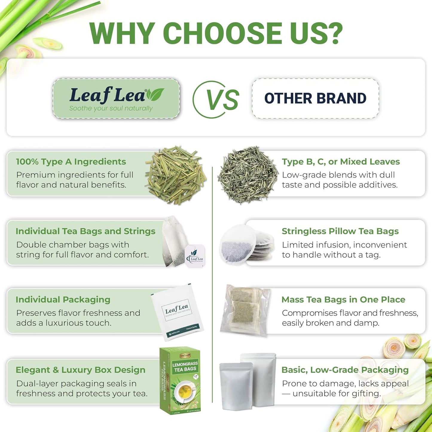 LeafLea Premium Lemongrass Herbal Tea Bags, Digestion Support, 80 Count | Natural Lemongrass Leaves, Te De Limoncillo, Light &amp; Soothing Taste, Caffeine-Free, Sugar-Free, Vegan, Individually Wrapped