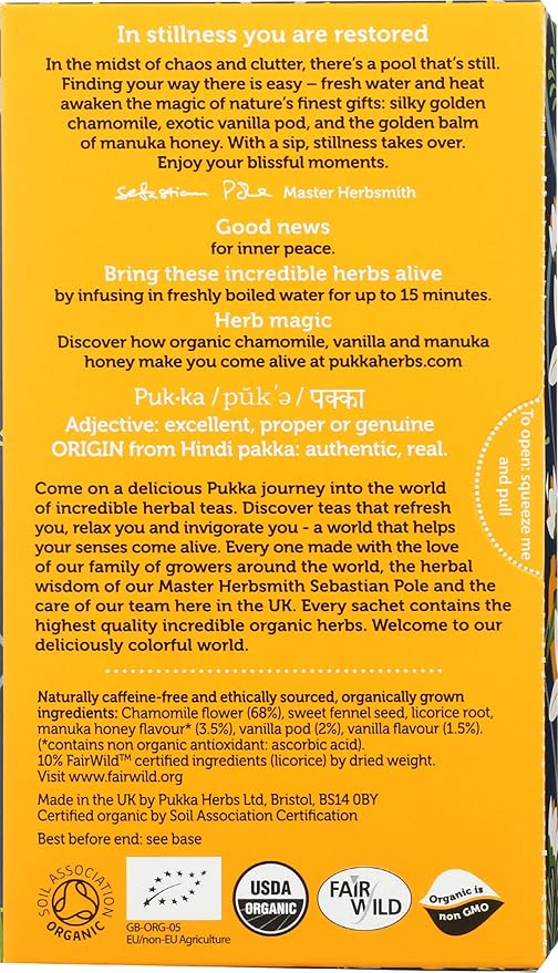 Pukka Calming Chamomile, Vanilla & Manuka Honey Organic Herbal Tea, Soothing Organic Tea Infusion Selection, Honey & Fennel Blend, Caffeine Free
