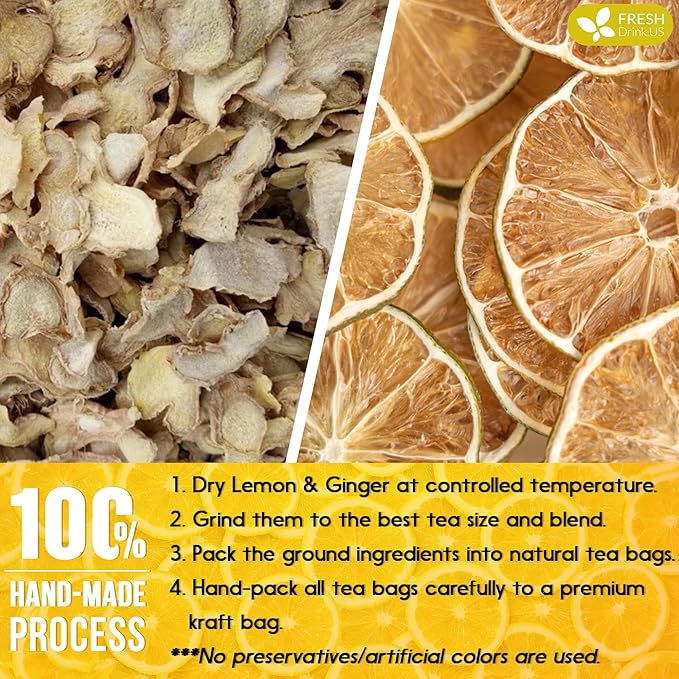 FreshDrinkUS, Premium 150 Lemon Ginger Tea Bags, 100% Natural Ingredients, Hand-made Blend of Lemon and Ginger, Eco-conscious Tea Bags. No Sugar, No Caffeine, Vegan.