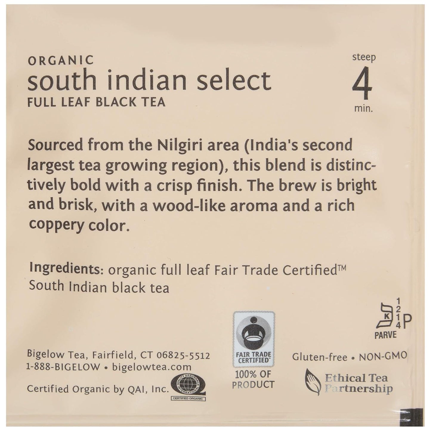 Steep Café Fair Trade Organic South Indian Select Black Tea, 50 Bags Box, Single Source, Premium Whole Leaf Teas, Sachet Pyramid Bag, Individually Wrapped in a Foil Pouch, Hot or Iced, by Bigelow Tea