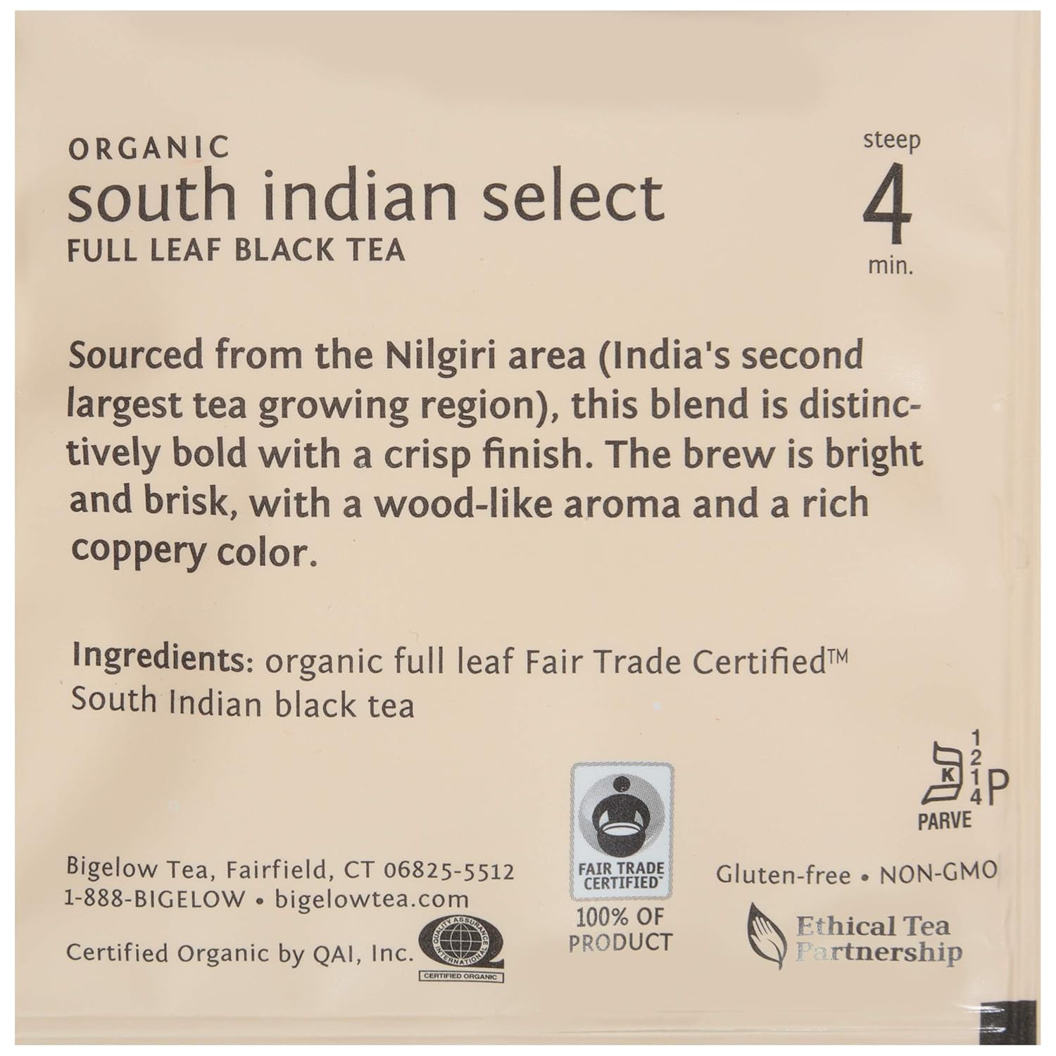 Steep Café Fair Trade Organic South Indian Select Black Tea, 50 Bags Box, Single Source, Premium Whole Leaf Teas, Sachet Pyramid Bag, Individually Wrapped in a Foil Pouch, Hot or Iced, by Bigelow Tea