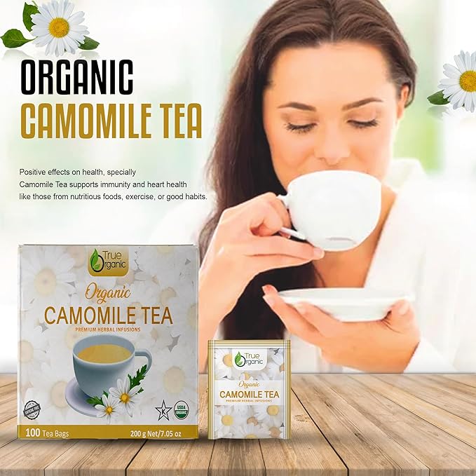 True Organic Premium Chamomile Tea, 100 Count Tea Bags, USDA Organic & Kosher Certified, 100 Envelop Organic Chamomile Tea Bags for Your Home & Cafe.