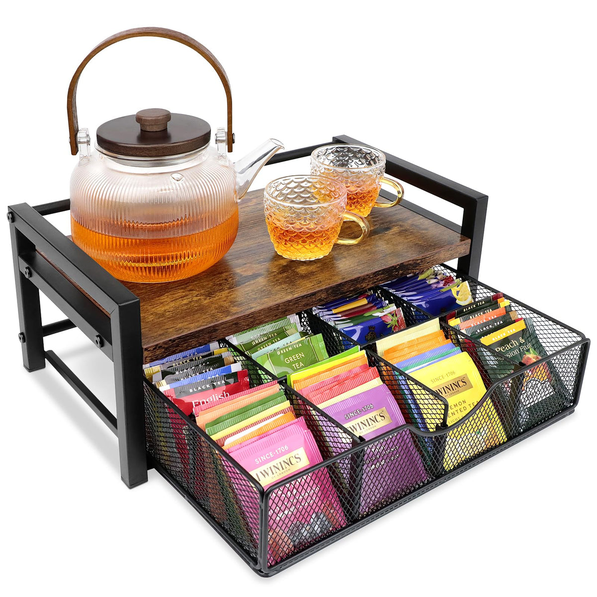 Happilif Tea Bag Organizer, Tea Bag Holder Organizer with 8-Compartment Adjustable Drawer, Wood & Metal Tea Box Organizer