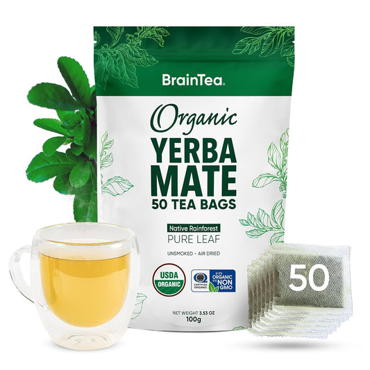 Yerba Mate Tea Organic - Brain Tea Organic Yerba Mate Tea bags 50 count - Native Rainforest Sourced, Unsmoked &amp; Air-Dried, High Caffeine Matte Tea - 100g