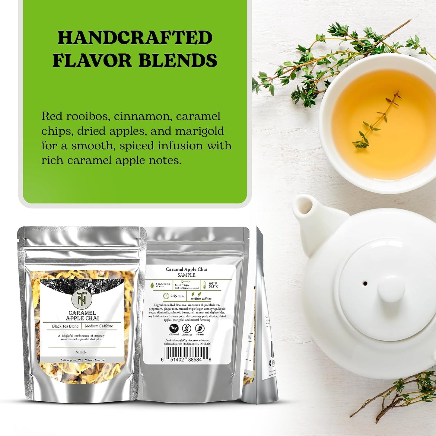 Nelson's Tea Caramel Apple Chai Dessert Loose Leaf Tea, Sample 0.5 Oz | Cinnamon • Cardamom • Spiced • Chai • Black Tea • Rooibos • Chai Loose Leaf • Red Rooibos • Loose Leaf Tea