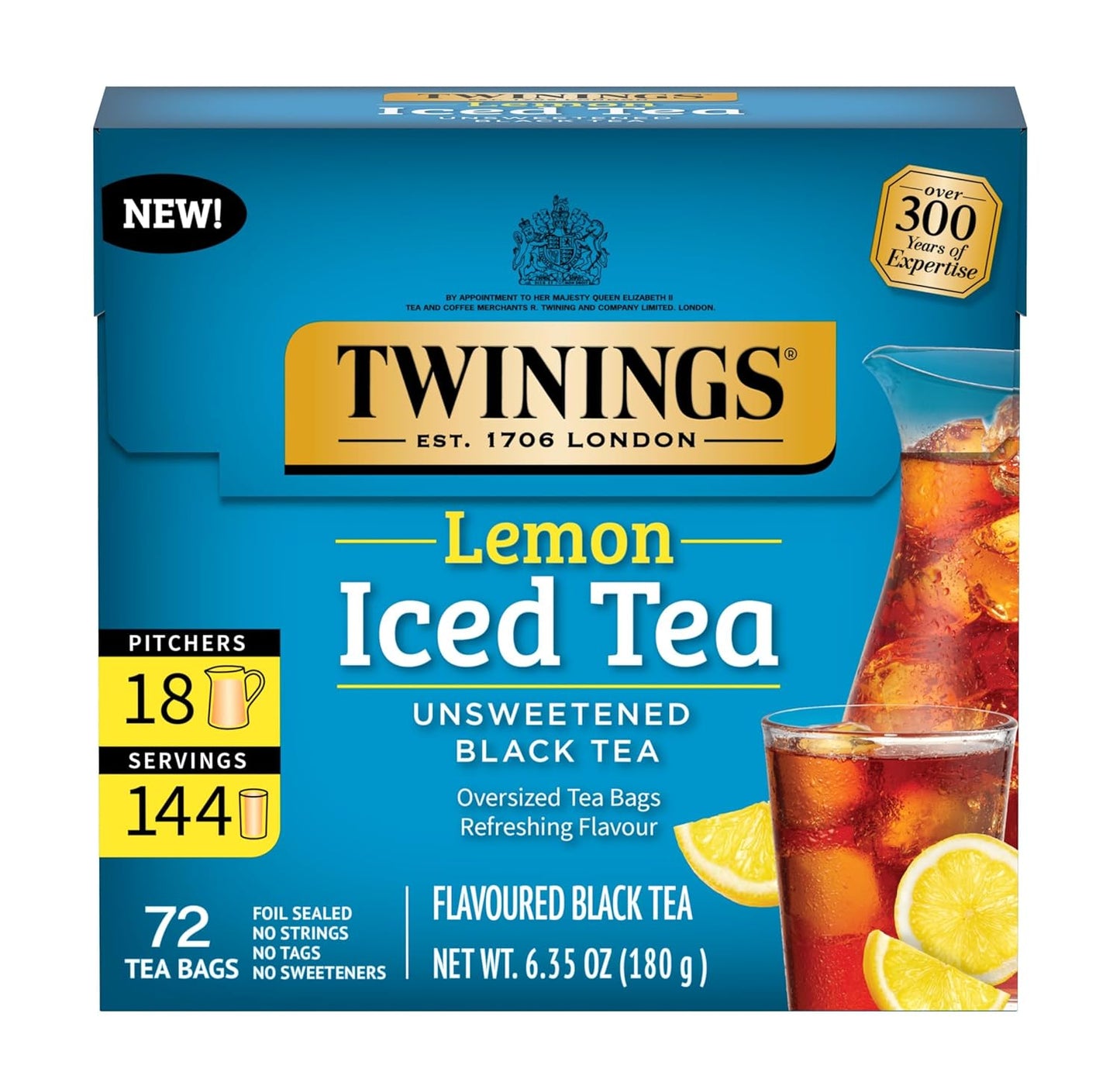 Twinings Lemon Black, Unsweetened Iced Tea Bags, 72 CT Box (1 Pack)