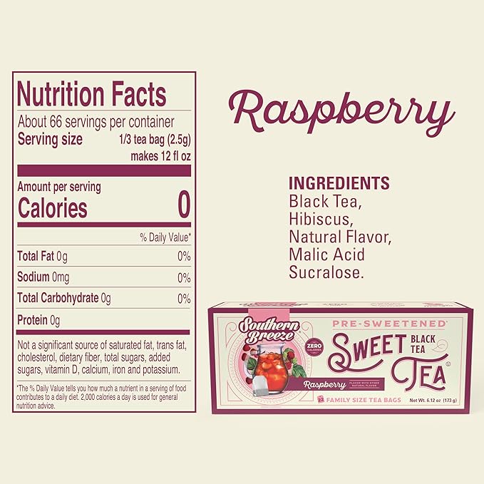 Southern Breeze Hot Brew Sweet Tea Raspberry Iced Tea with Black Tea and Zero Carbs Zero Sugar, 22 Individually Wrapped Family Size Tea Bags, Pack of 2