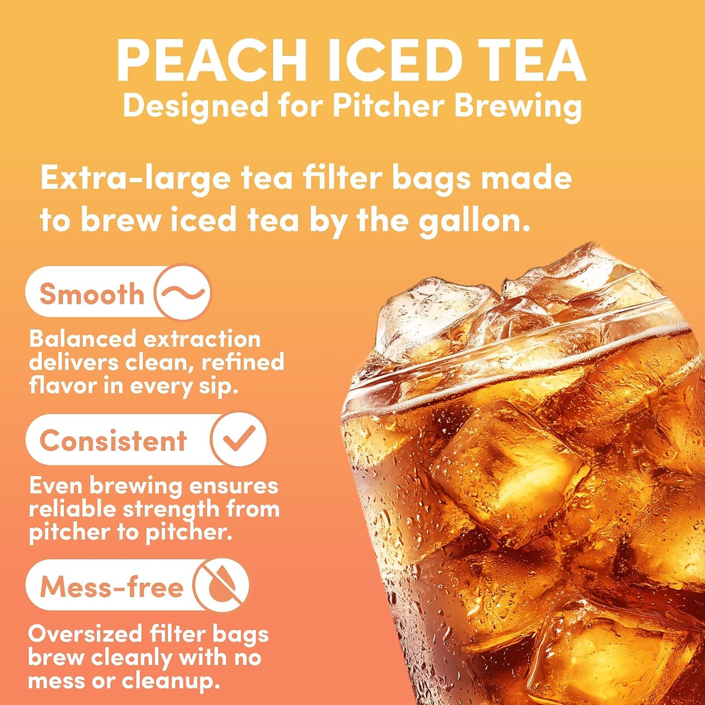 Peach Flavored Iced Tea Bags, 1 Gallon Tea Bags, 48 Count, Bulk Black Tea Iced Tea Packs, Peach Tea Bags for Restaurants, Cafes, Foodservice &amp; Home Brewing