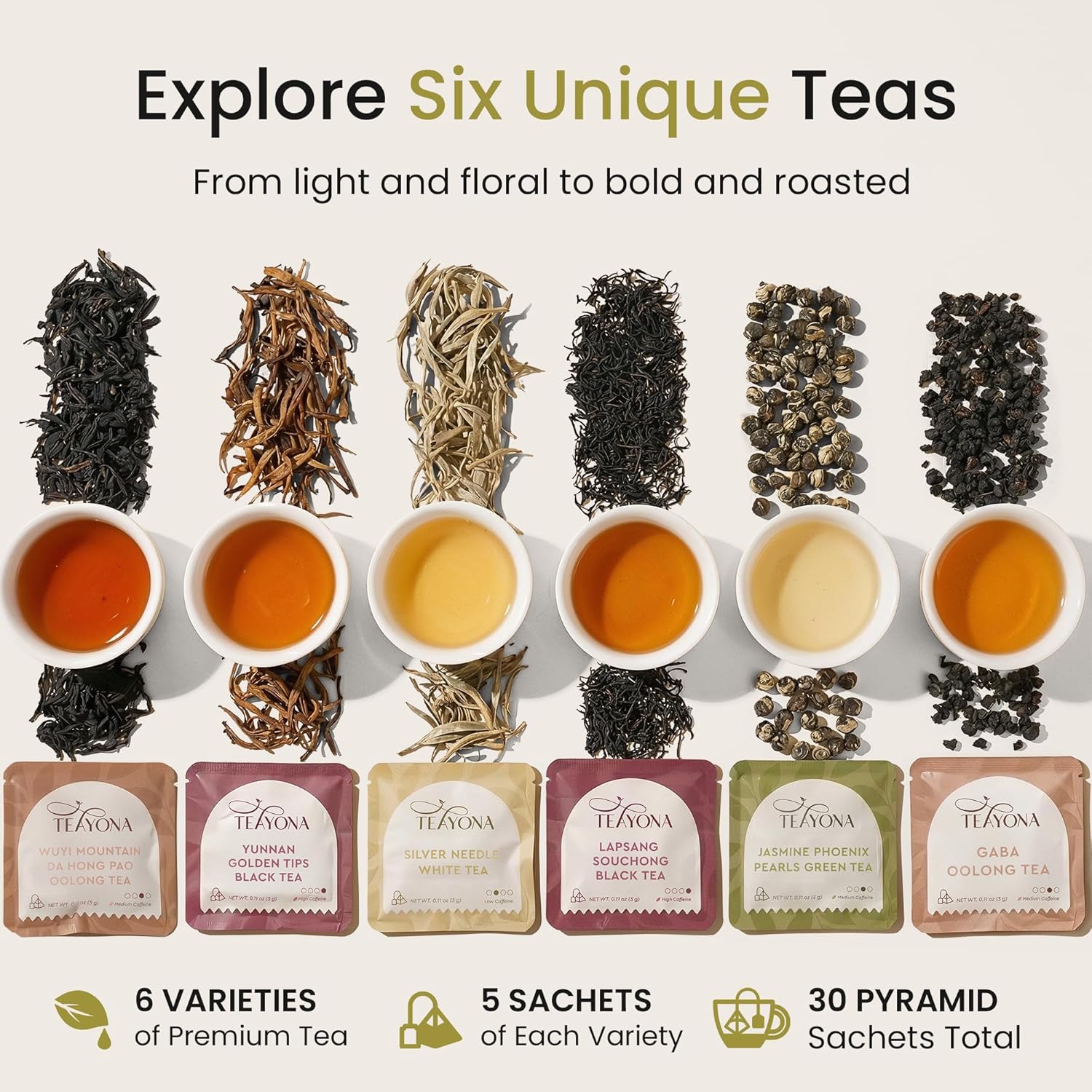 Teayona Premium Tea Variety Pack – 30 Whole Leaf Tea Sachets, 6 Varieties, Sampler (Green, Black, Oolong, White) – Tea Box for Tea Lovers, Tea Gift Set