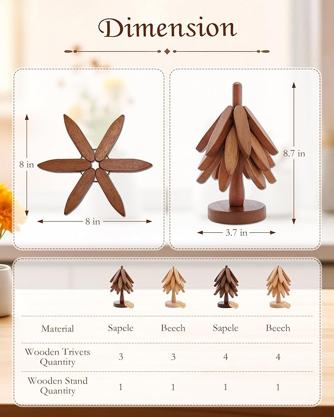 Wooden Tree Trivets for Hot Dishes, 4 Wooden Trivet + 1 Stand Natural Wooden Coaster for Hot Dishes, Pot, Bowl, Teapot, Hot Pot Holders