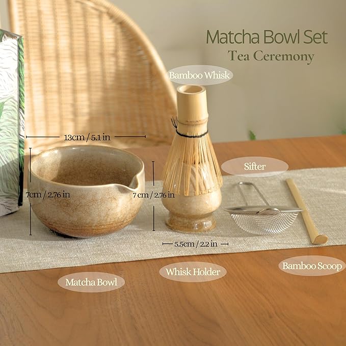 Matcha Set, Handcrafted Bamboo Chasen & Ceramic Bowl, 5 Pcs Matcha Set Whisk and Bowl with Stainless Steel Sifter