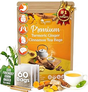 TOG999, 60 Bags Premium Turmeric Ginger Cinnamon Tea, Improve Digestion, Support Brain, Weight, Skin and Sleep, Eco-Conscious Tea Bags and Premium Natural Ingredients. Turmeric Ginger Herbal Tea. No Sugar, No Caffeine, No Gluten, Vegan.