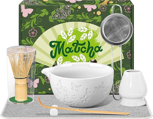 7 PCS Matcha Set Ceramic Matcha Making Kit, Bamboo Whisk, Bowl With Spout, Powder Starter Sifter, Ceramic Whisk Holder, Tea Towel, Scoop and Scoop Rest Matcha Whisk Set for Matcha Lover White