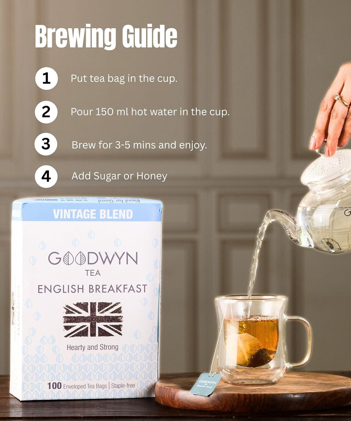 Goodwyn English Breakfast Tea – 100 Individually Wrapped Plastic-Free Tea Bags, Rich Full-Bodied Medium Caffeine Black Tea, Sugar-Free Gluten-Free Travel-Friendly Indian-Origin Chai, Bold Classic Morning Tea, Everyday Tea Sampler