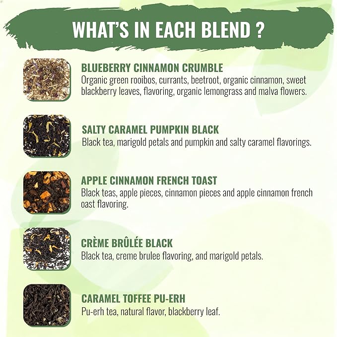 Tea Runners Dessert Teas Variety Pack – Apple Cinnamon French Toast, Blueberry Cinnamon Crumble, Caramel Toffee Pu-erh, Crème Brulee Black & Salty Caramel Pumpkin – 0.75 Oz each Pack of 5