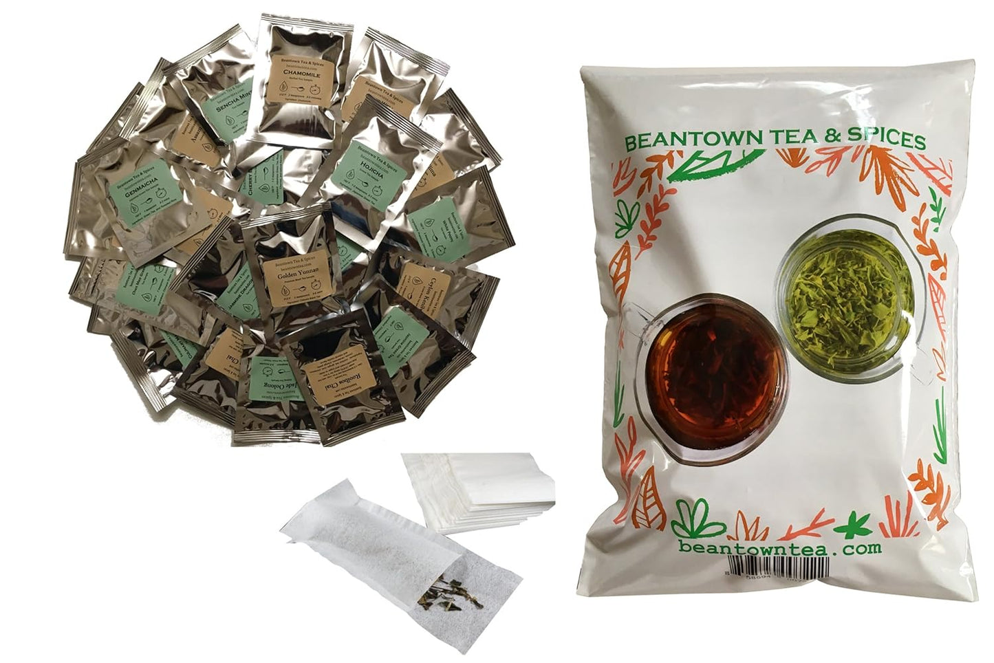 Beantown Tea & Spices - Tea Sampler Value Pack. 30 Gourmet Loose Leaf Tea Samplers & 100 Filters. Variety Pack. Great Gift Idea and Stocking Stuffers. Green, White, Black and Herbal Teas