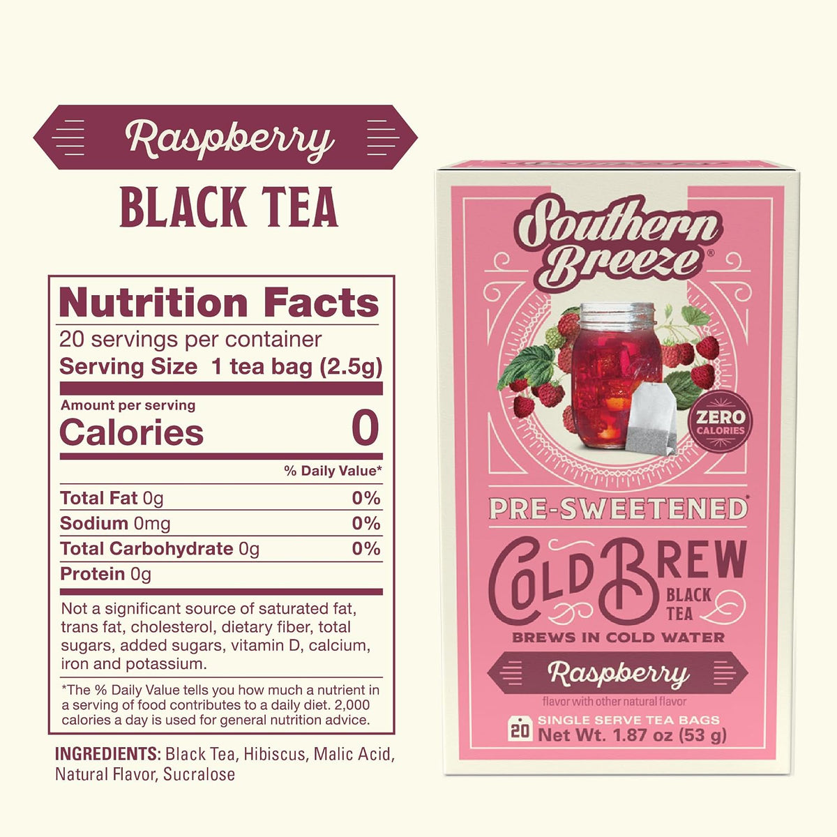 Southern Breeze Cold Brew Sweet Tea Raspberry Iced Tea 20 Tea Bags, 2 Pack