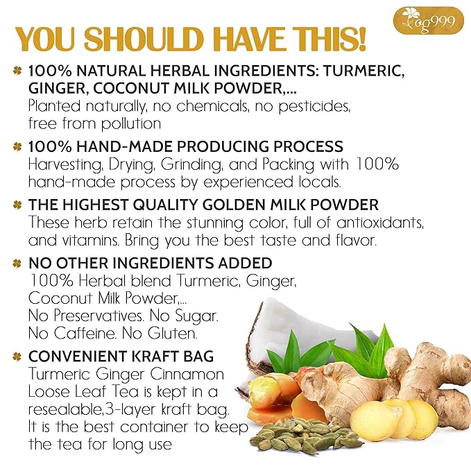 TOG999, Premium 8oz Golden Milk Powder - Turmeric, Cinnamon, Ginger & Black Pepper – Natural Spice Blend for Lattes, Smoothies & Baking – Non-GMO