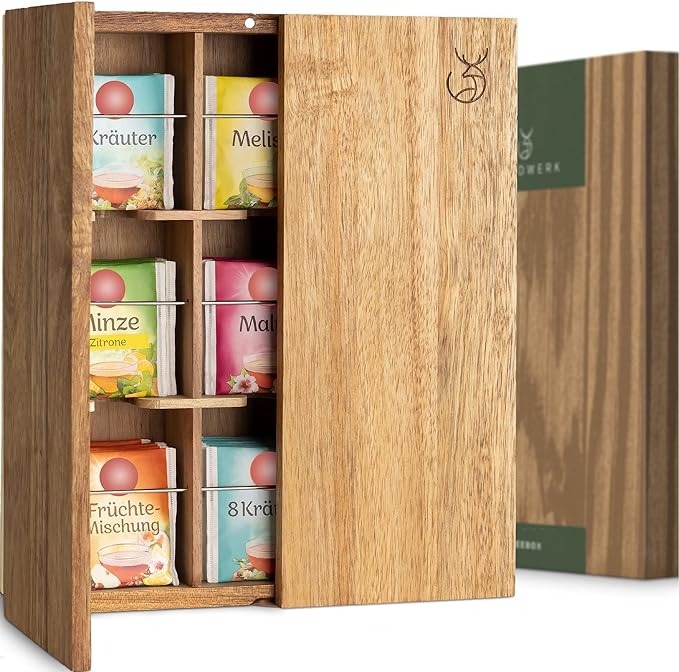 WALDWERK Tea Storage Organizer (9 Compartments) - Tea Organizer Made of Solid Acacia Wood - Tea Box with Wall Mounting Option - Tea Organizer and Storage - Tea Bag Holder - Plastic Free Tea Holder