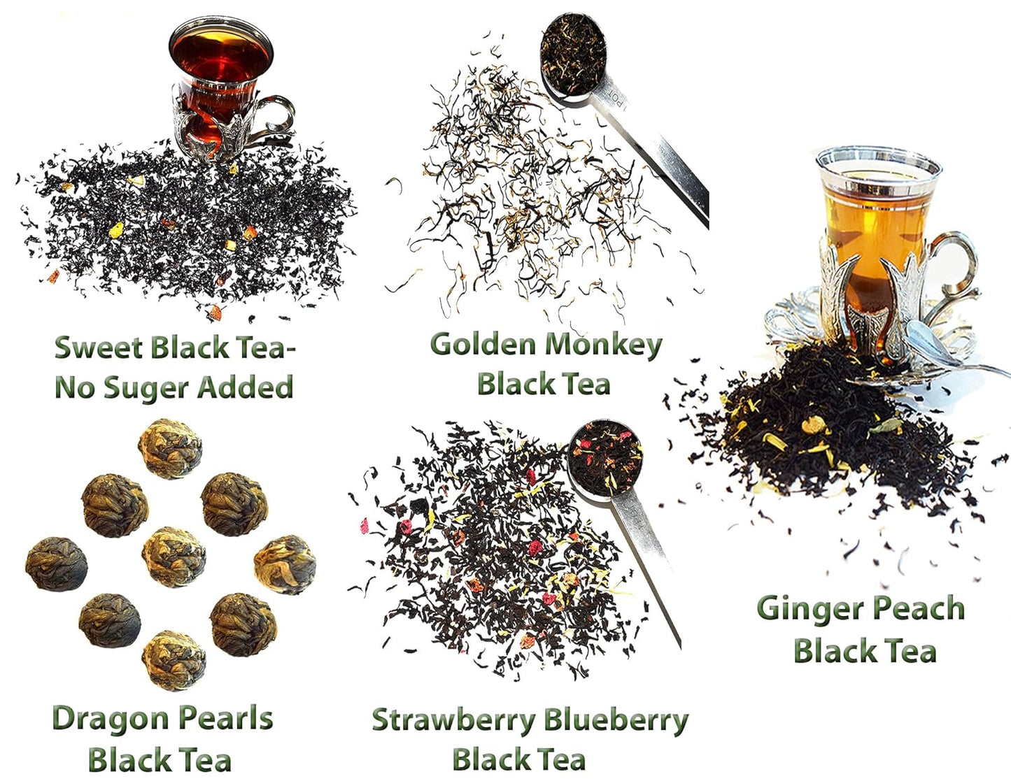 5 Black Tea Samplers, Caffeinated, Sweet Black Tea (No Sugar Added), Dragon Pearls Tea, Golden Monkey Tea, Ginger Peach Tea, Strawberry Blueberry Tea, Loose Leaf Tea