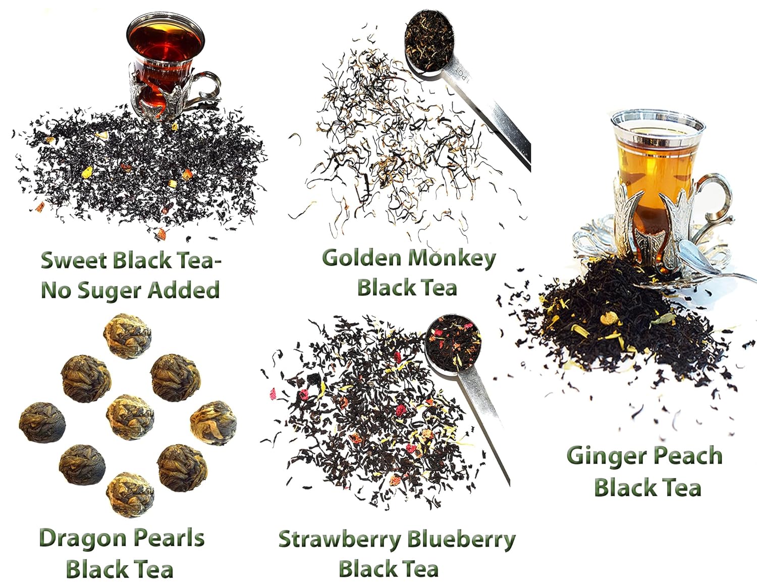 5 Black Tea Samplers, Caffeinated, Sweet Black Tea (No Sugar Added), Dragon Pearls Tea, Golden Monkey Tea, Ginger Peach Tea, Strawberry Blueberry Tea, Loose Leaf Tea