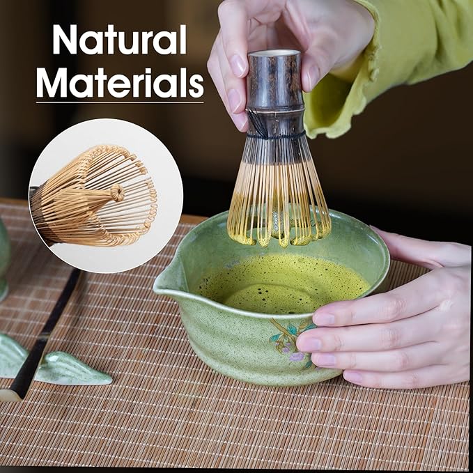7-Piece Matcha Set with Ceramic Matcha Bowl, Bamboo Whisk (Chasen) & Holder, Sifter, Tea Scoop & Rest, Special Bamboo Tea Mat