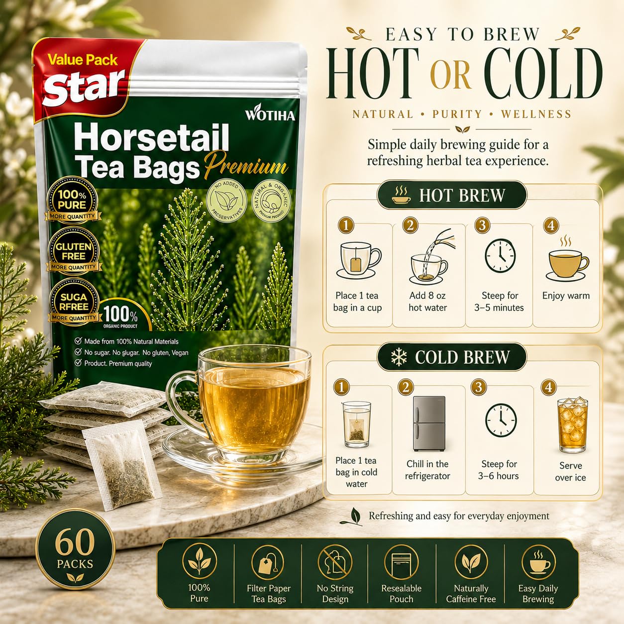 WOTIHA 60 Count Premium Horsetail Tea Bags - 100% Natural Pure Herb, Supports Hair &amp; Nail Health, Caffeine/Additive/Sugar-Free, Non-GMO, Cola De Caballo Hierba