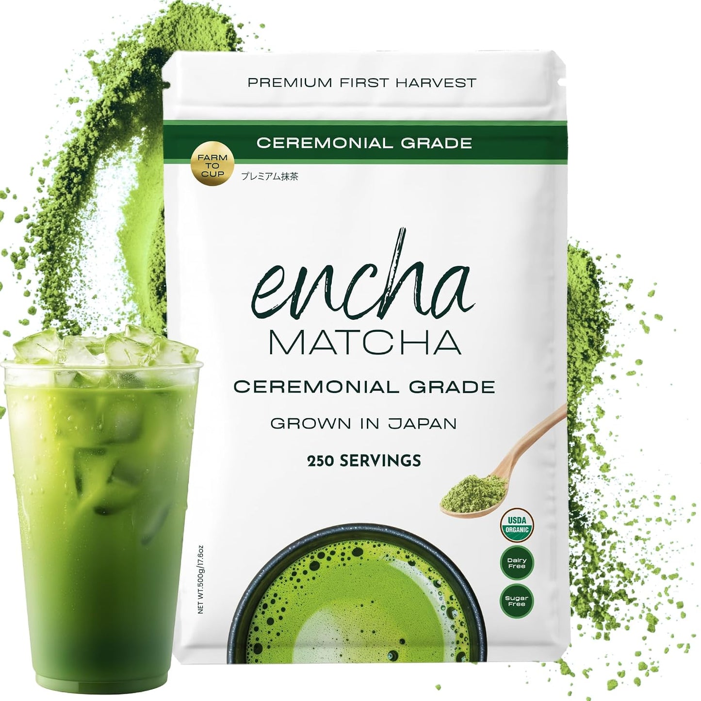 Encha Matcha - Ceremonial Grade Matcha Powder, Organic First Harvest Japanese Green Tea Powder, Tea From Uji, Japan (500g/1.1 lbs)