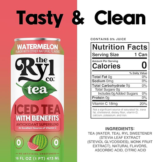 Ryl Iced Tea, Watermelon, Antioxidant Superblend, Zero Sugar, Low Carb, Zero Calorie Iced Tea, 16.0 Fl Oz (12-Pack)