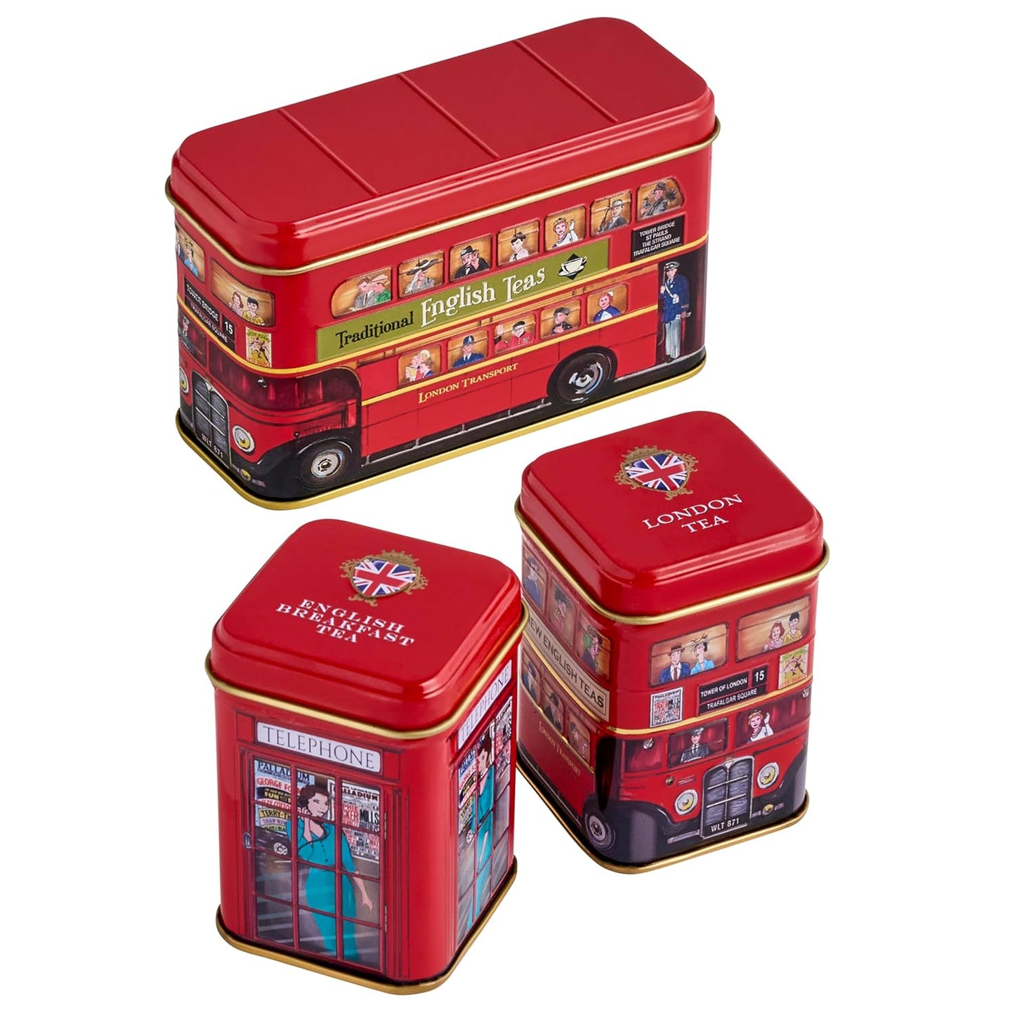 New English Teas British Tea Tin Set with 2 oz Loose Leaf Tea &amp; 10 Tea Bags | London Souvenir Gift, Post Box, Red Bus, Telephone Box – English Breakfast Tea, Black Tea