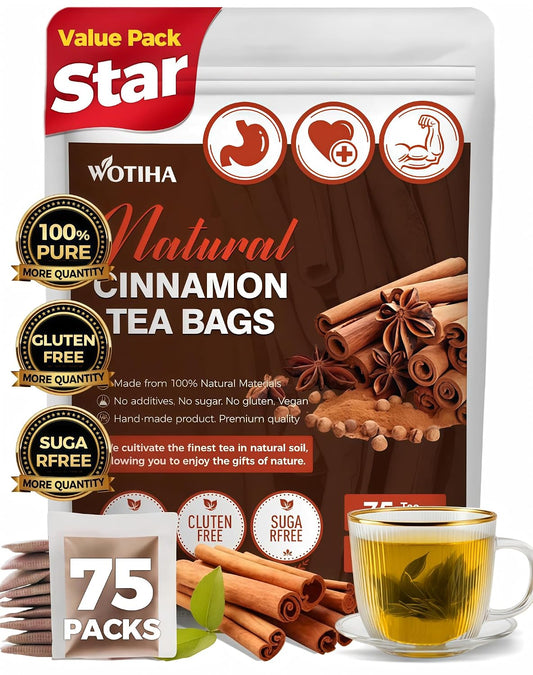 WOTIHA Premium Ceylon Cinnamon Tea Bags (75 Count) - 100% Pure Cinnamon Sticks for Blood Sugar Support &amp; Relaxation - Caffeine-Free, Sugar-Free, Vegan, No Additives