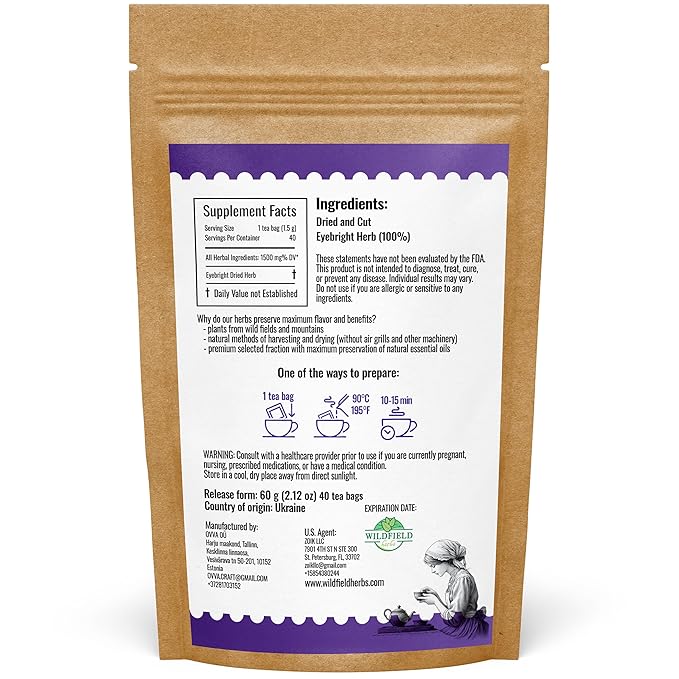 40 Bags Dried Eyebright Herb Tea Eyesight (Euphrasia) Eyebright Dried Herbal Tea - 40 Count 1.5 g Bags