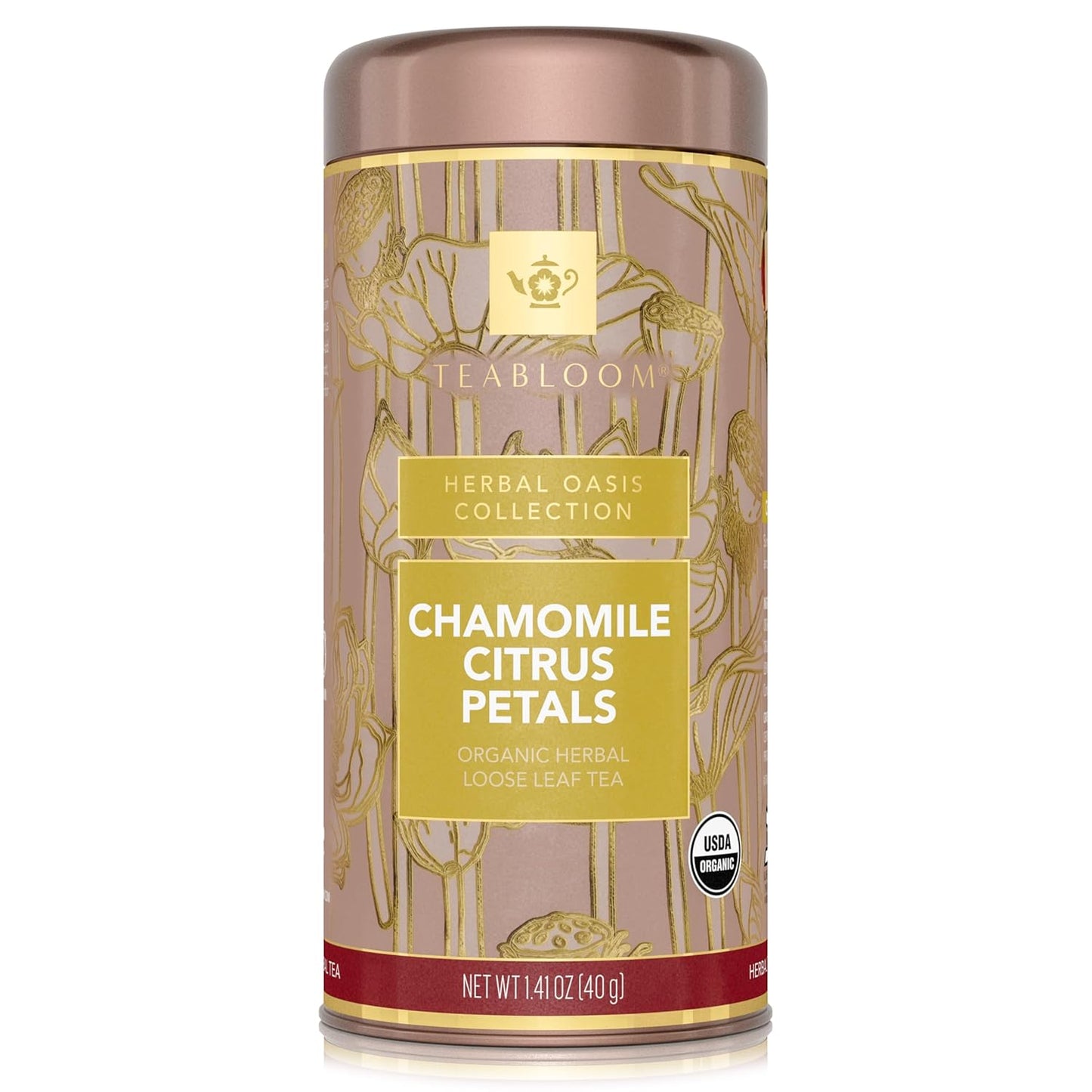 Teabloom Organic Herbal Tea, Chamomile Citrus Petals Loose Leaf Tea, Relaxing Chamomile Blend, USDA and EU Certified Organic, Fresh Whole Leaf in Reusable Gift Canister, 1.41 oz/40 g Canister Makes 35-50 Cups