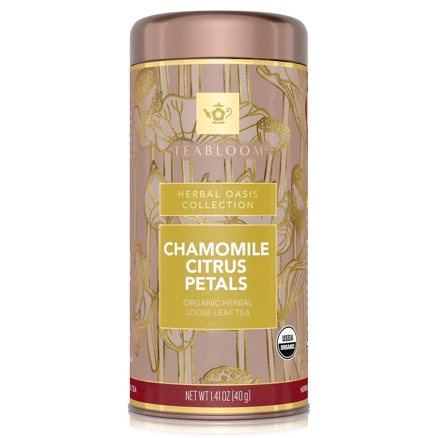 Teabloom Organic Herbal Tea, Chamomile Citrus Petals Loose Leaf Tea, Relaxing Chamomile Blend, USDA and EU Certified Organic, Fresh Whole Leaf in Reusable Gift Canister, 1.41 oz/40 g Canister Makes 35-50 Cups