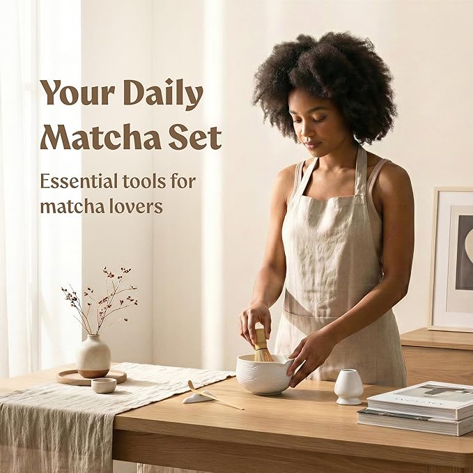 Matcha Kit Whisk Set (7 Pcs) - Complete Matcha Set, Matcha Bowl with with Bowl, Whisk and Holder, Bamboo Spoon/Scoop, Scoop Rester and Sifter incl