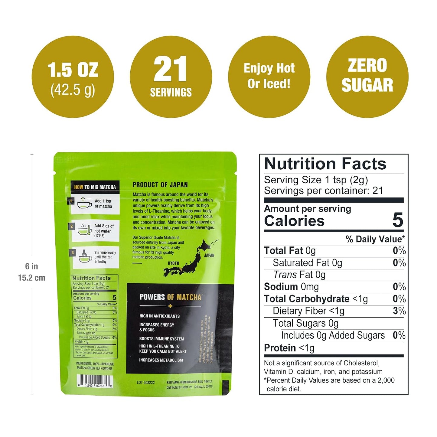 Tiesta Tea - Superior Matcha | Superior Grade Japanese Matcha Powder | High Caffeinated Green Tea | Make Hot or Iced | Up to 21 Cups | 1.5oz Resealable Pouch